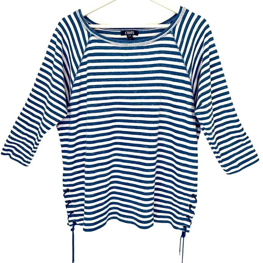 CHAPS Top Nautical Side Tie 3/4 Sleeve Round Neck Blue White Stripe Women Size L